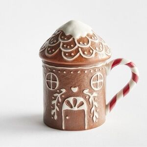 Pottery Barn gingerbread Mug with striped Red and White Handle